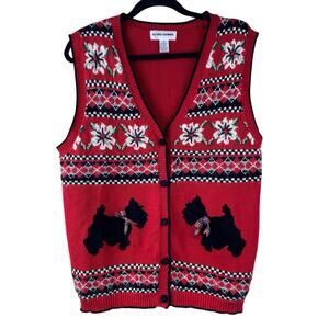 Vintage Christmas Sweater Vest Size M Red Scotty Dog Holiday